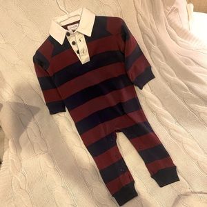 NWOT Mud Pie 9-12 Months Navy Burgundy Long Sleeve Rugby Onesie
